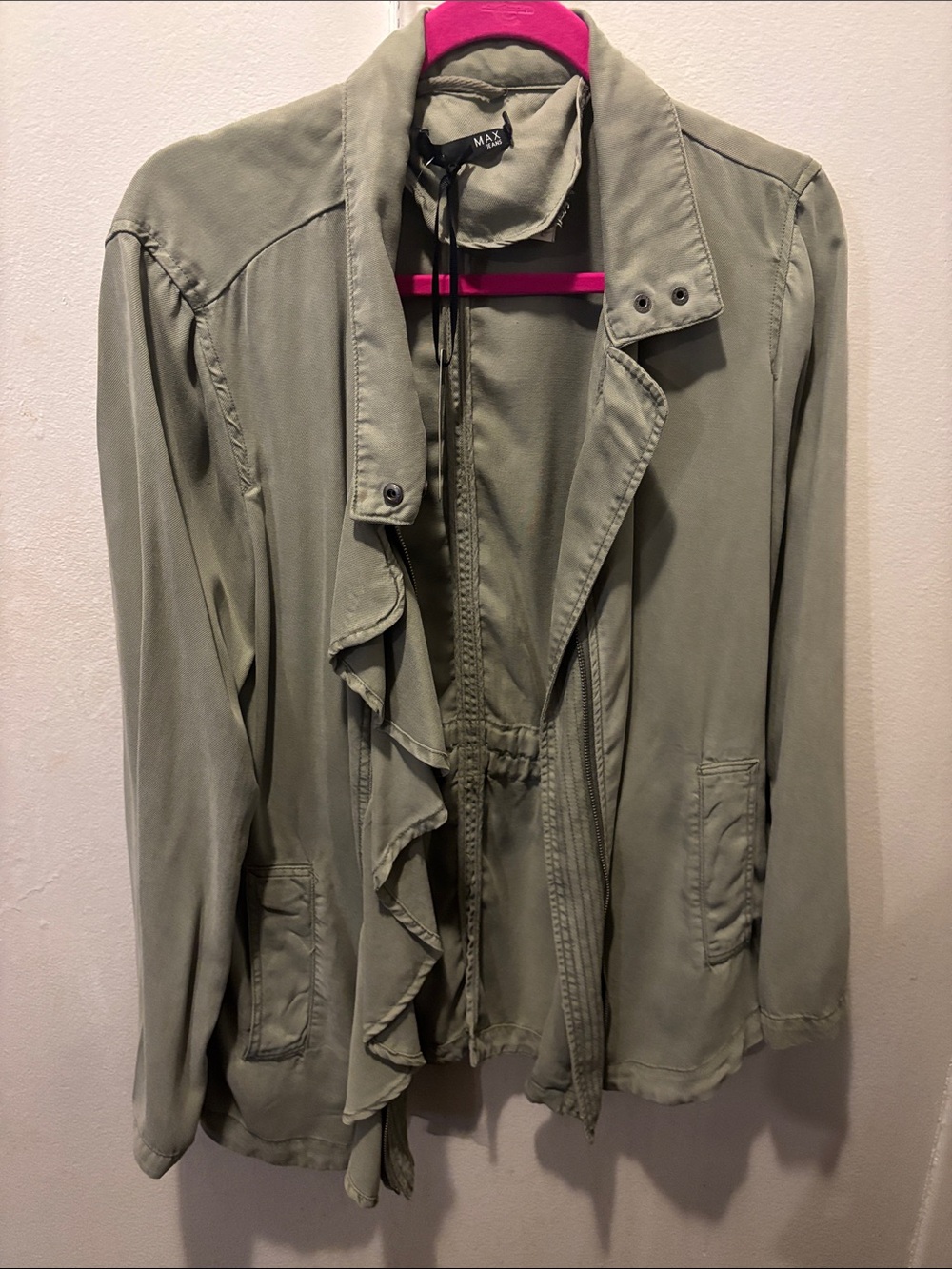Max Jeans Olive Utility Jacket with Ruffle Trim